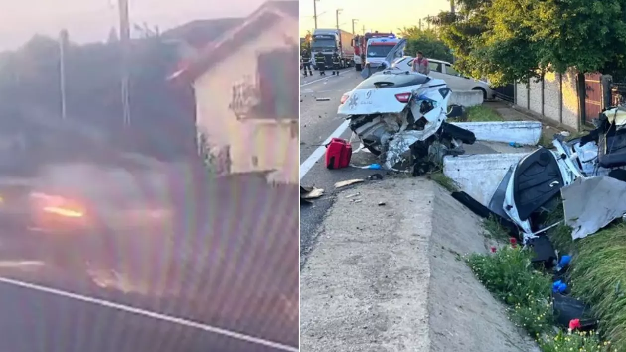 Mașină ruptă în două după un accident filmat la Plosca, în Teleorman