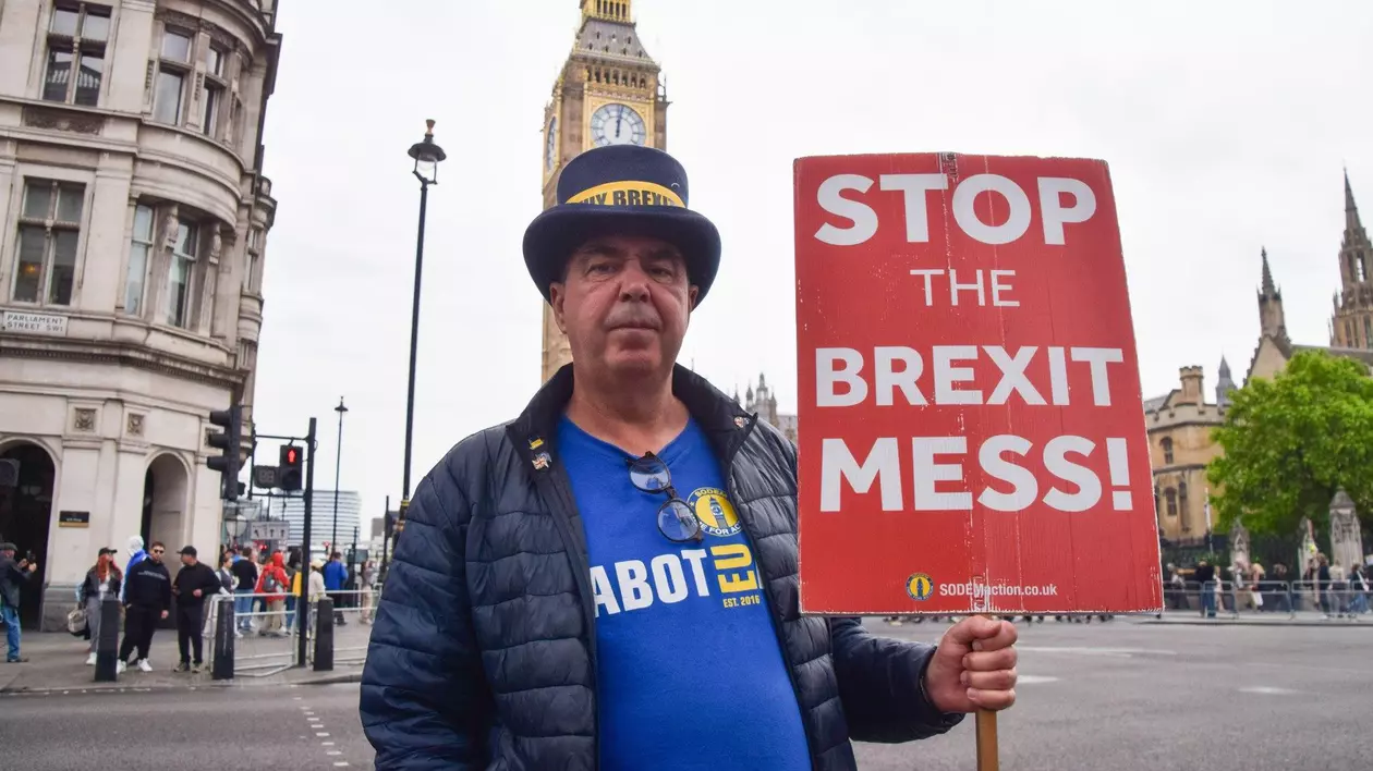 Poză cu un activist anti-Brexit care ține în mână o pancartă cu mesajul „Opriți dezastrul Brexitului”