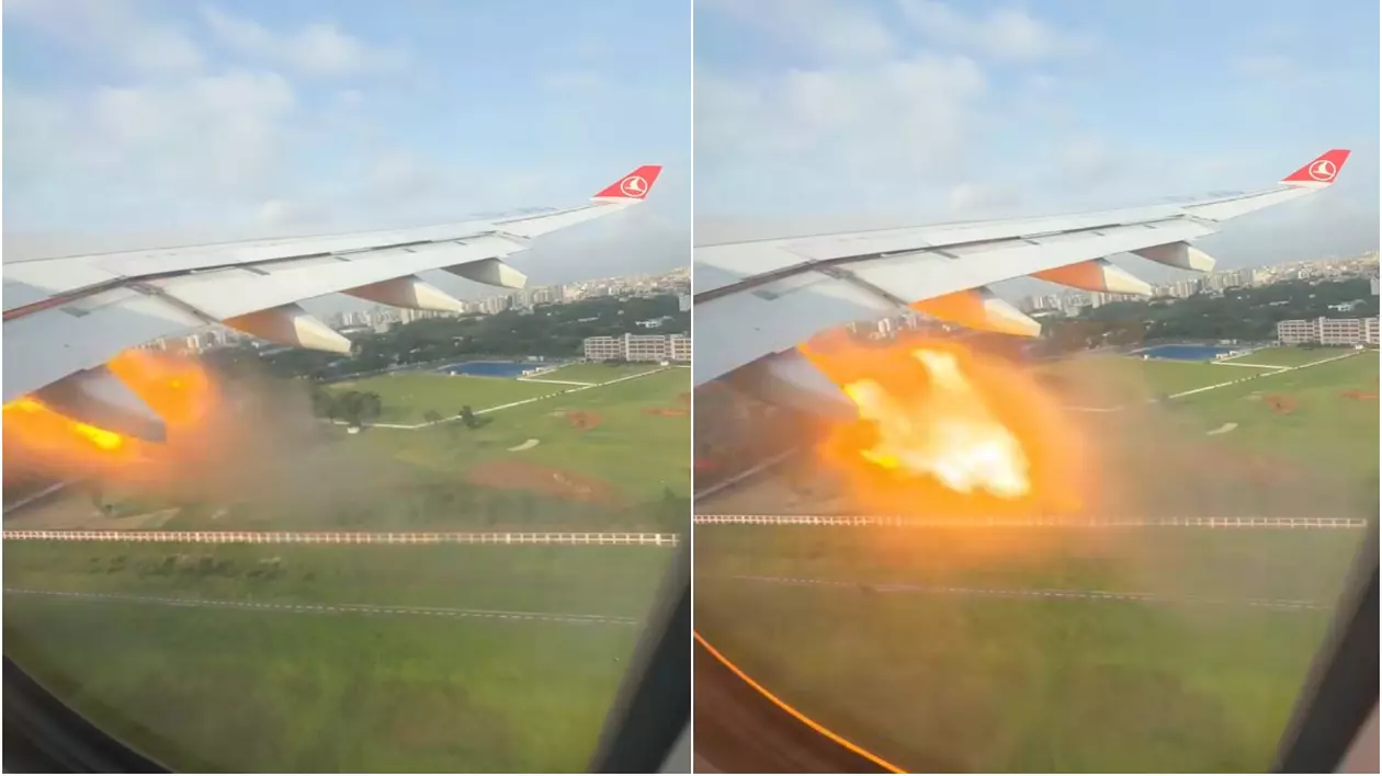 Colaj cu două imagini din timpul decolării unui avion, filmate de un pasager pe geamul aeronavei. Este surprinsă aripa avionului, care a luat foc