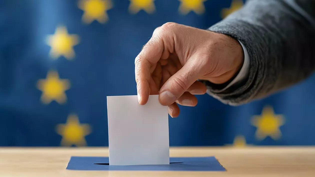 Bărbat punând un vot într-o urnă cu simboluri europene