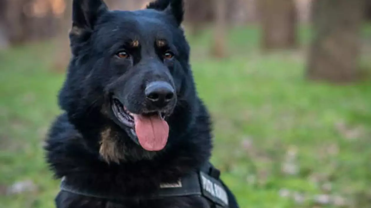 Câinele polițist Gipsi de la Brăila, stă în șezut cu limba scoasă în pădure.
