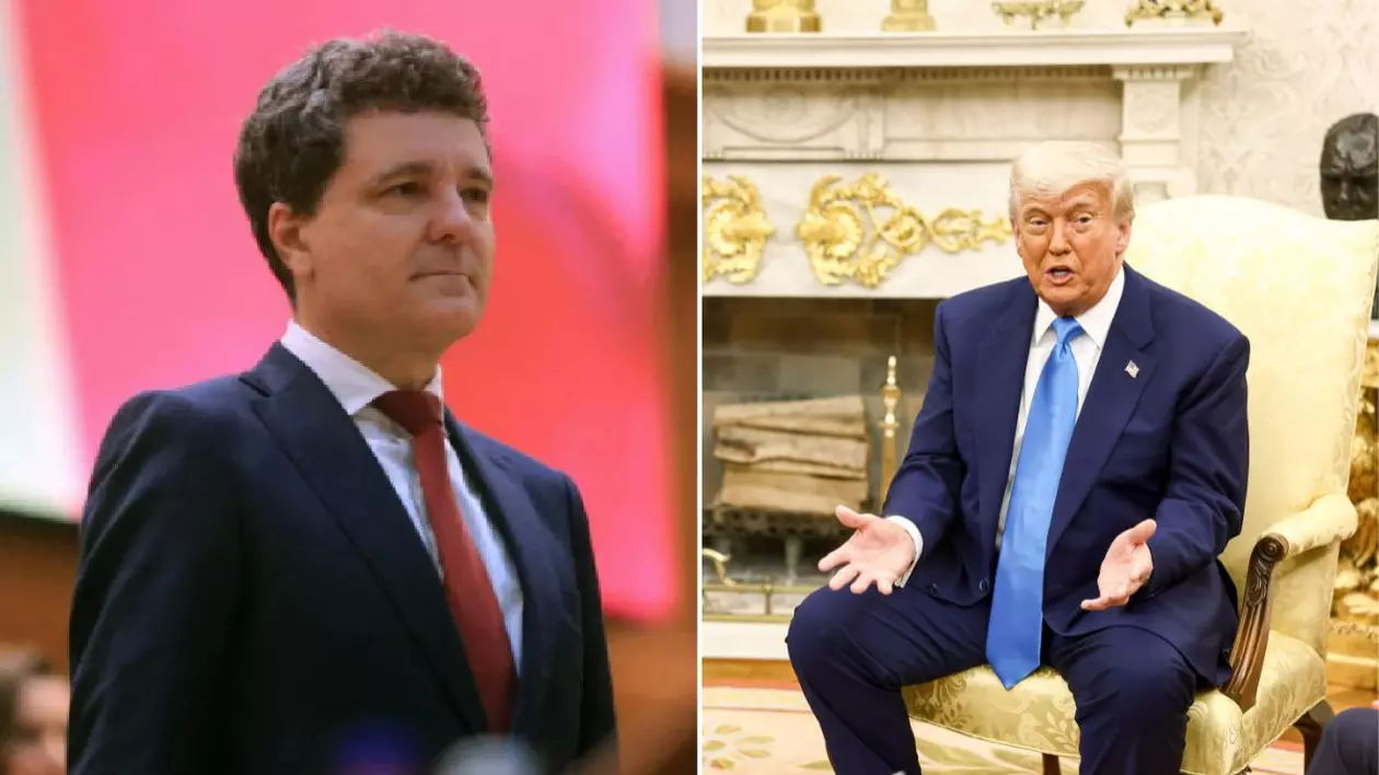 colaj foto format din 2 fotografii - Nicușor Dan, în picioare, în timpul depunerii jurământului și DonaldTrump (dreapta) așezat pe un scaun auriu