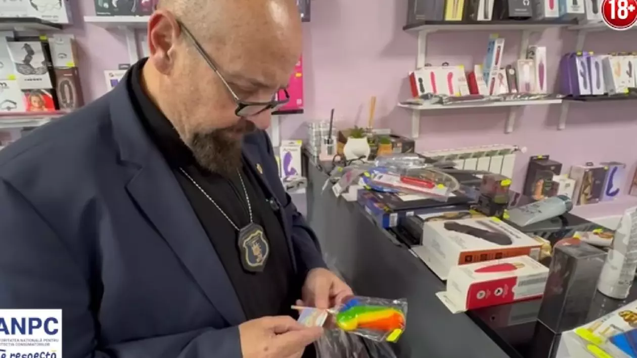 Cristin Popescu Pieedone verifică produsele care se vând la sex-shop.