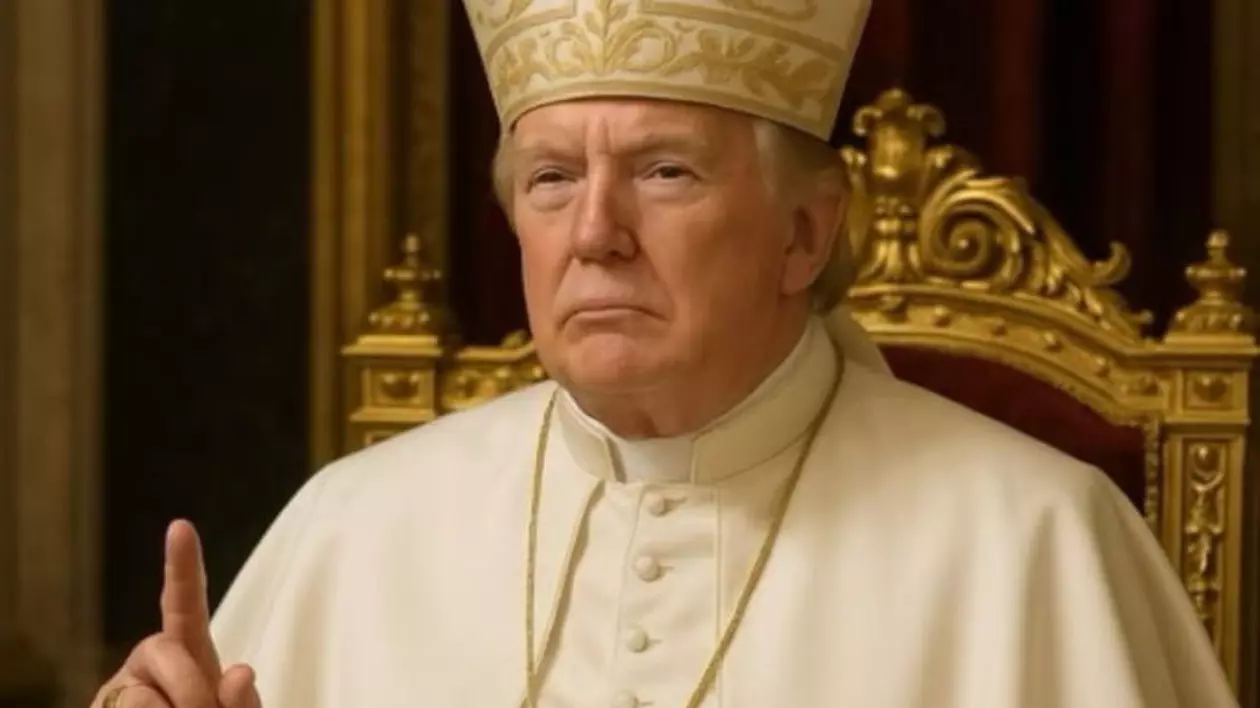 In imaginea generată cu AI este Donald Trump îmbrăcat în haine papale de culoare ald-crem, cu palarie papala, lant la gat , si mana dreapta ridicata