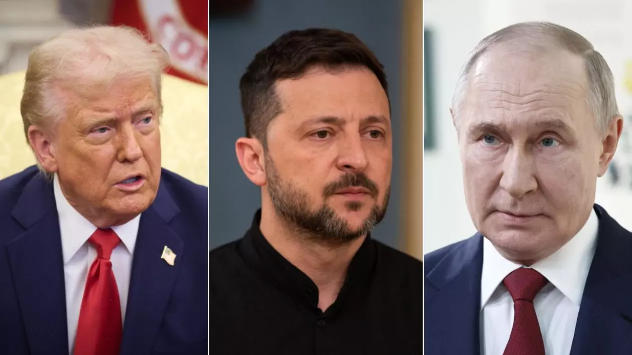 Colaj cu Donald Trump (stânga), Volodimir Zelenski (în centru) și Vladimir Putin Foto: Hepta