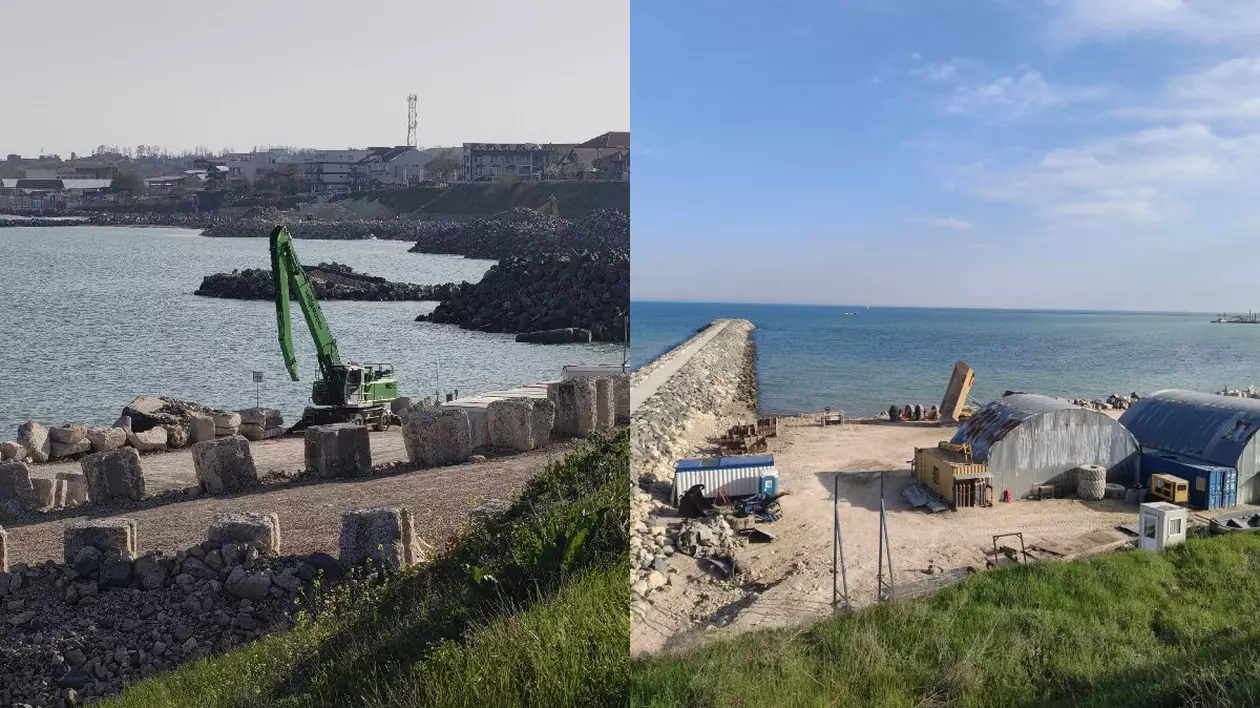 Un excavator verde pe o plajă. Șantier pe plaja din Costinești, cer senin