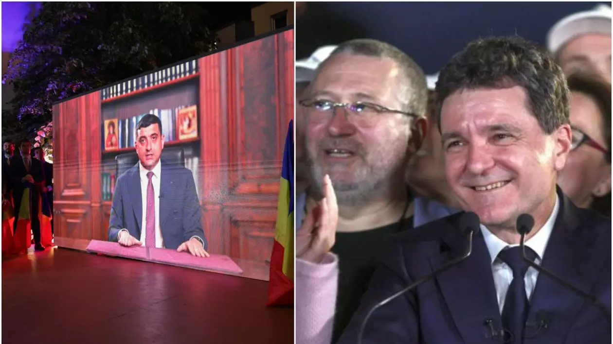 O imagine cu liderul AUR, George Simion, de la o înregistare și Nicușor Dan, vorbind live, după primele exit polluri de la alegerile prezidențiale, 4 mai 2025