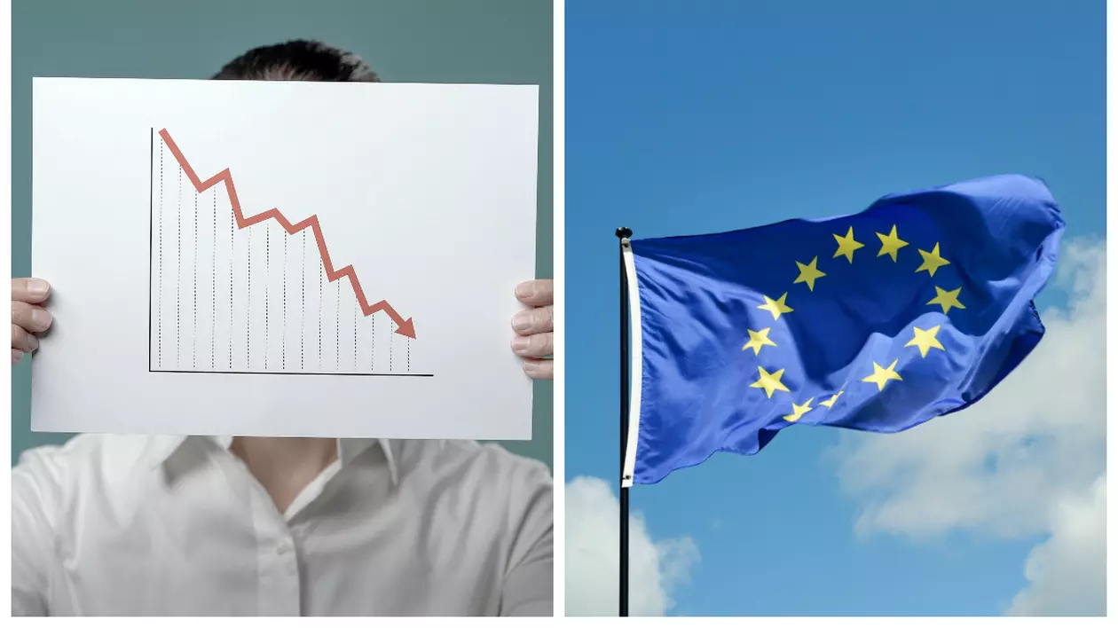 În stânga este o persoană care ține o foaie cu un grafic descendent. În dreapta este steagul Uniunii Europene.
