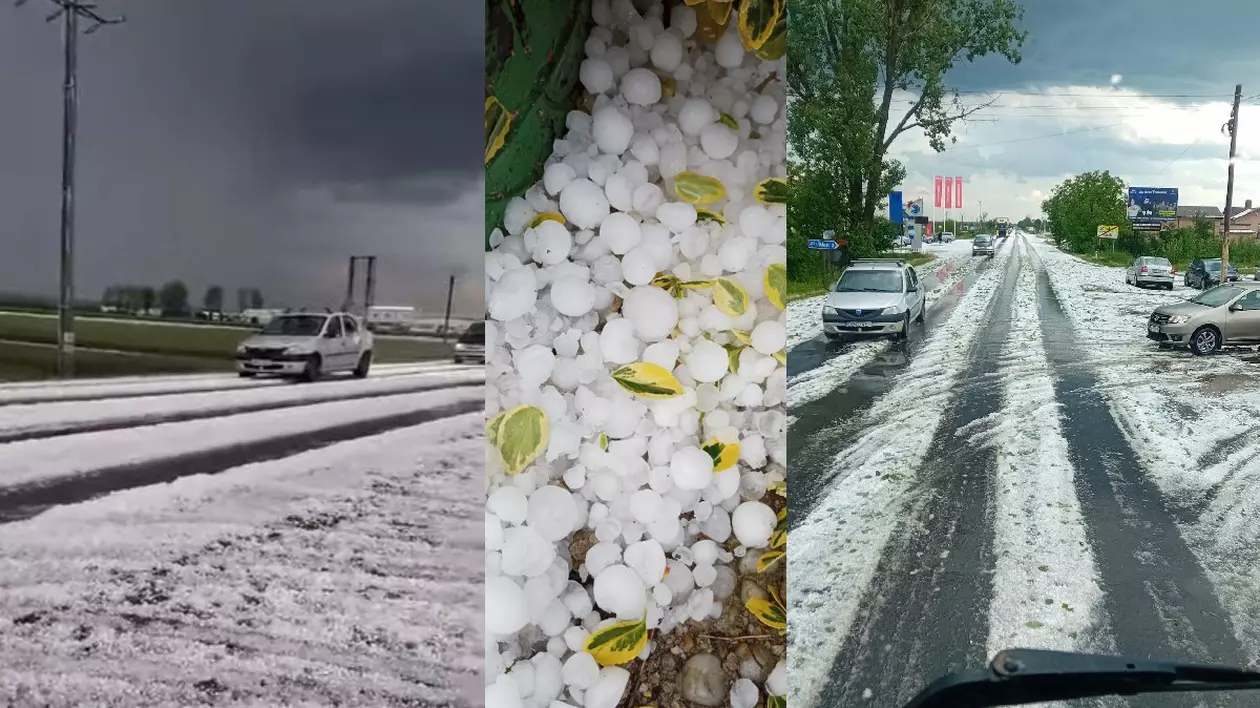 Șosele pline de gheață în Dâmbovița, grindina a făcut prăpăd și a distrus culturile agricole