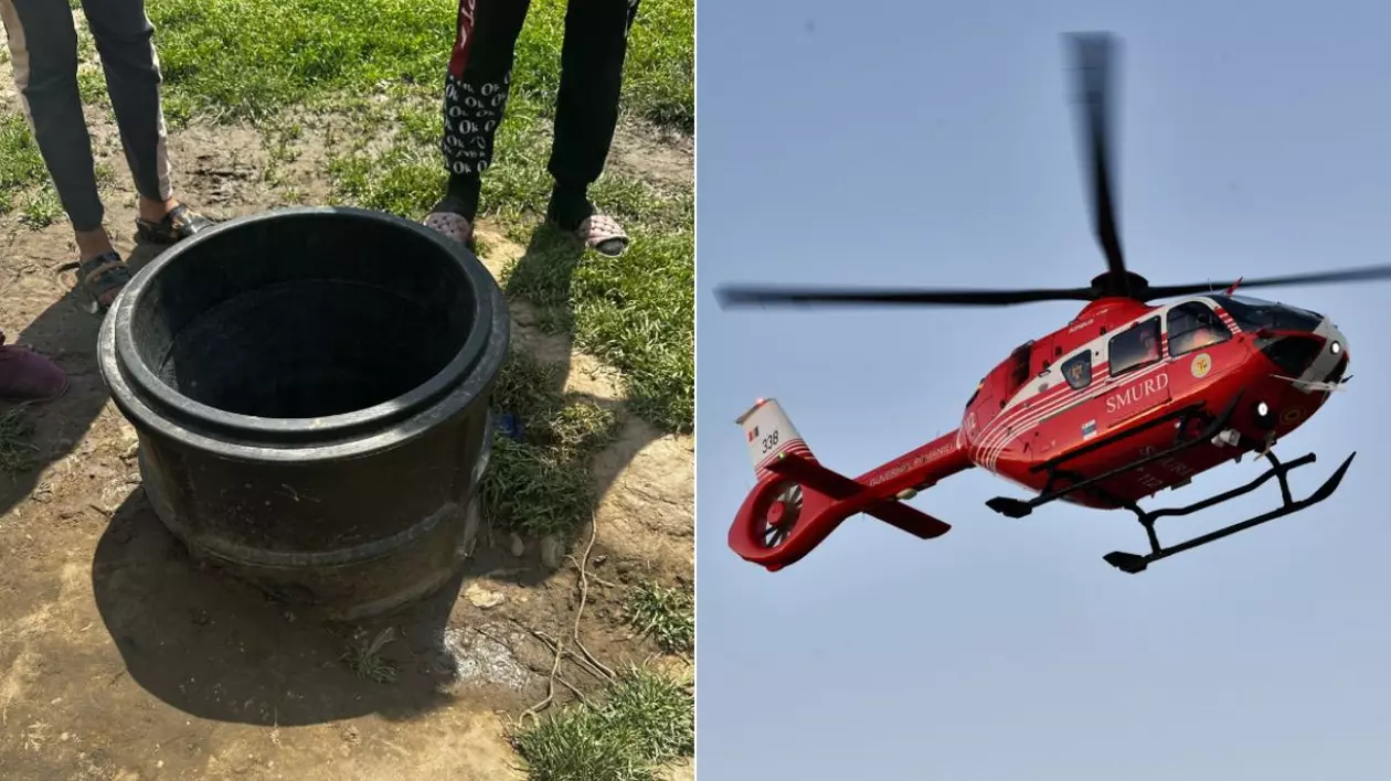 Colaj foto cu două fotografii. În partea stângă gura de canal din Ghidigeni, Galați în care a căzut copilul, iar în partea dreapta un elicopter SMURD, de culoare roșie, care zboară
