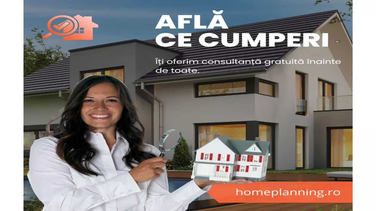 Femeie bruneta in camasa alba tine in mana o casa de jucarie. Sta in fata unei vile reale