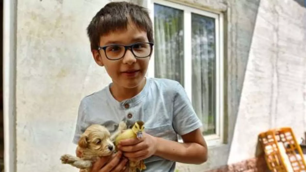 In imagine un băiat brunet, cu ochelari, în brate cu un pui de rață și un pui de catel, în spate se vede fereastra unei case