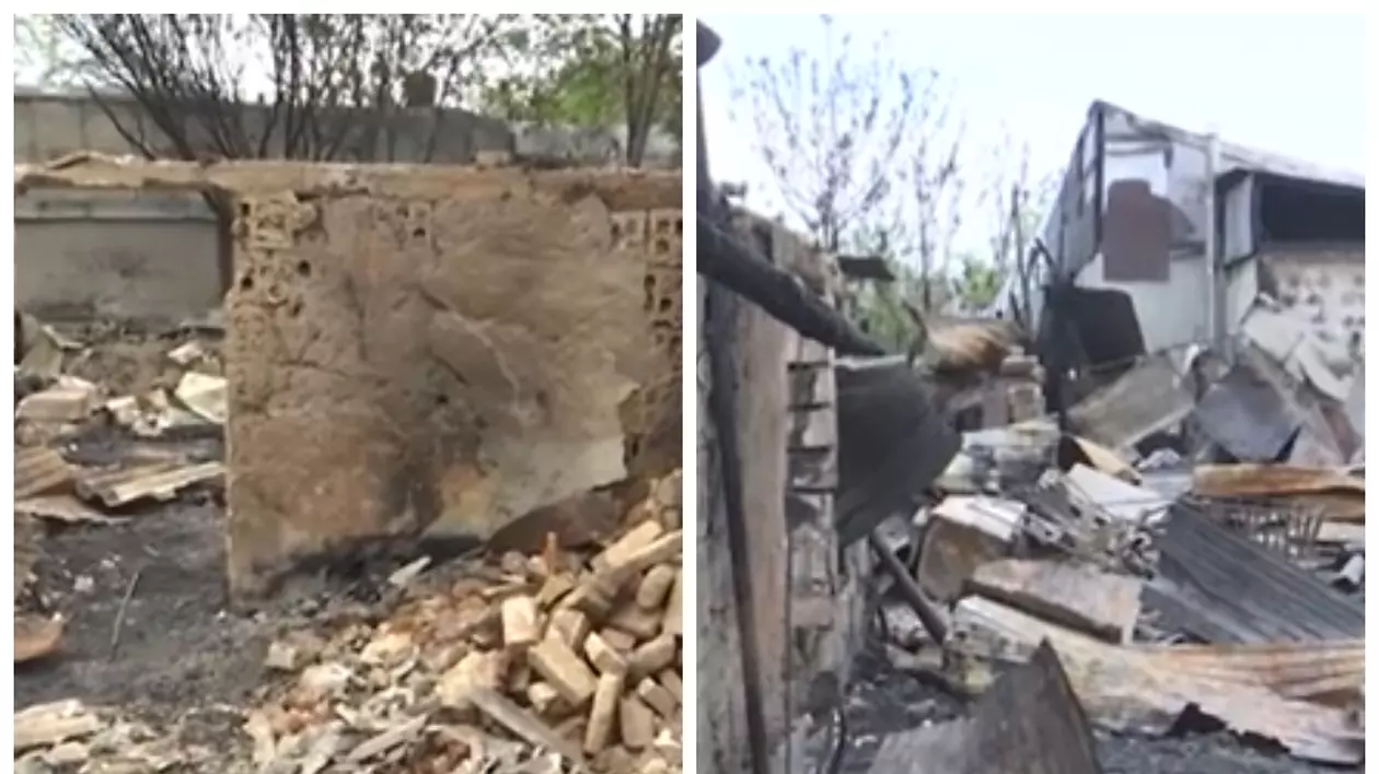 În imagine sunt ilustrate case care au fost afectate în urma unui incendiu