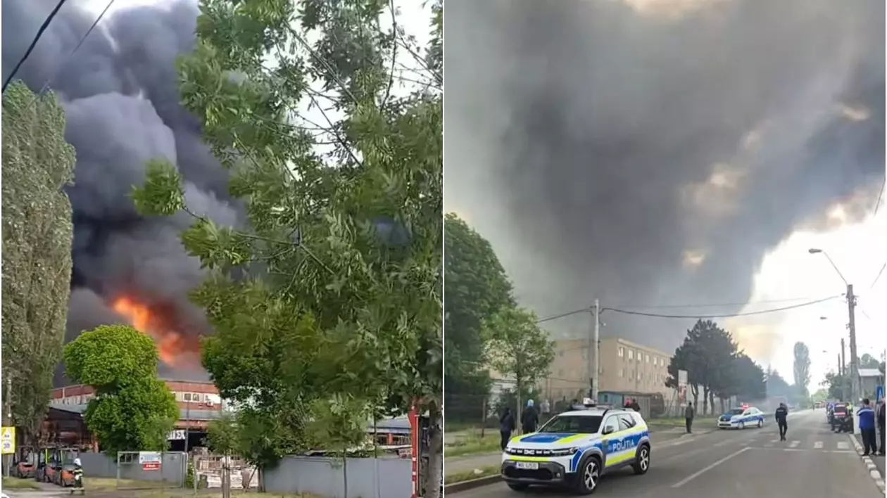 Colaj cu un incediu, in stanga imagini cu glacari si fum, in dreapta imagini cu o masina de politie cu fum in spate