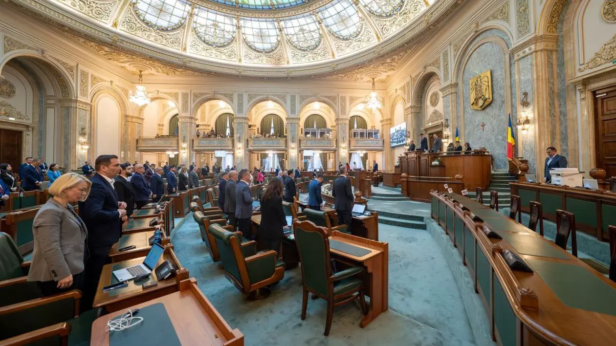 O imagine din plenul Senatului în care se văd senatorii în picioare la bănci, sala mare și prezidiul