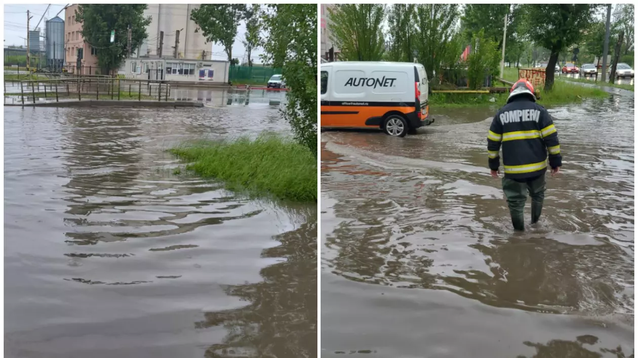 În imagine sunt ilustrate străzi inundate. În imaginea din dreapta se află și un pompier care merge pe șoseaua inundată.