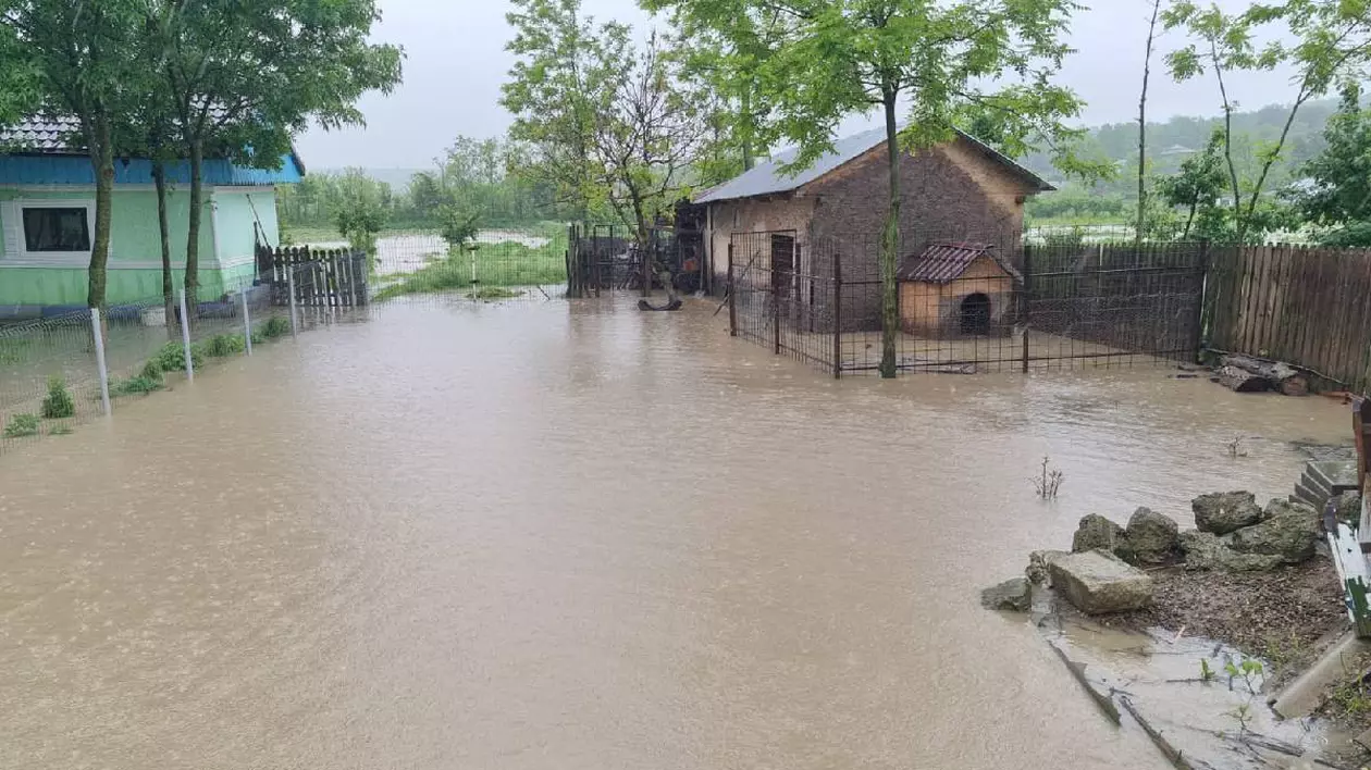 O curte din România, distrusă de apă și gospodăriile din ea inundate, în timpul viituri de la Galați.