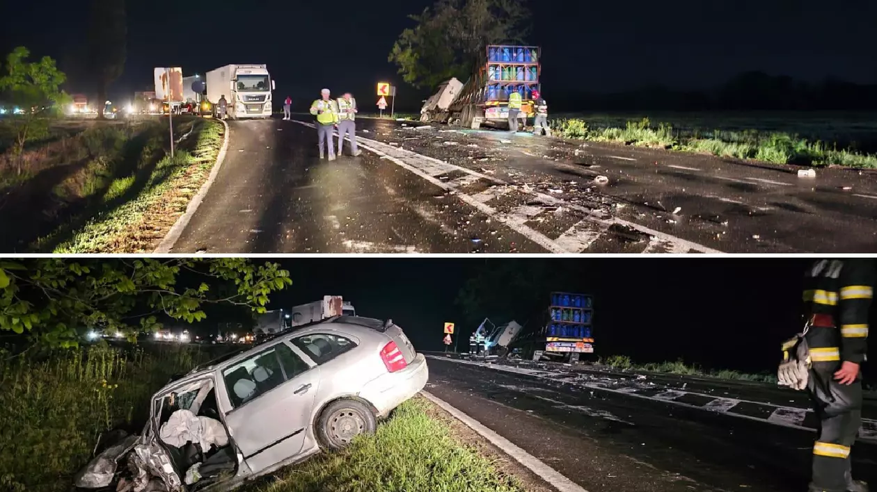 Un camion, plin cu butelii, și o mașină s-au lovit în plin, la ieșirea din Tecuci, județul Galați. Două persoane au fost rănite