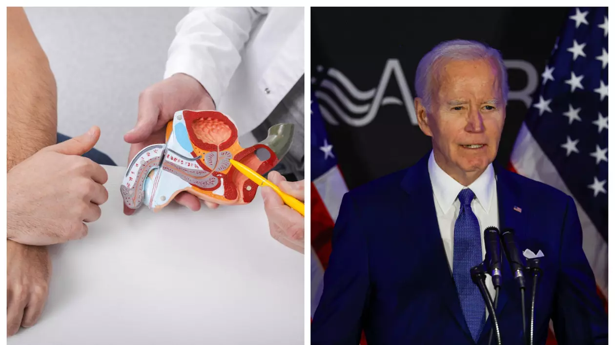 În partea stângă este ilustrat un doctor care consultă un pacient suspectat de cancer la prostată folosind un model al sistemului reproducător masculin. În partea dreaptă este Joe Biden, îmbrăcat în costum albastru închis.