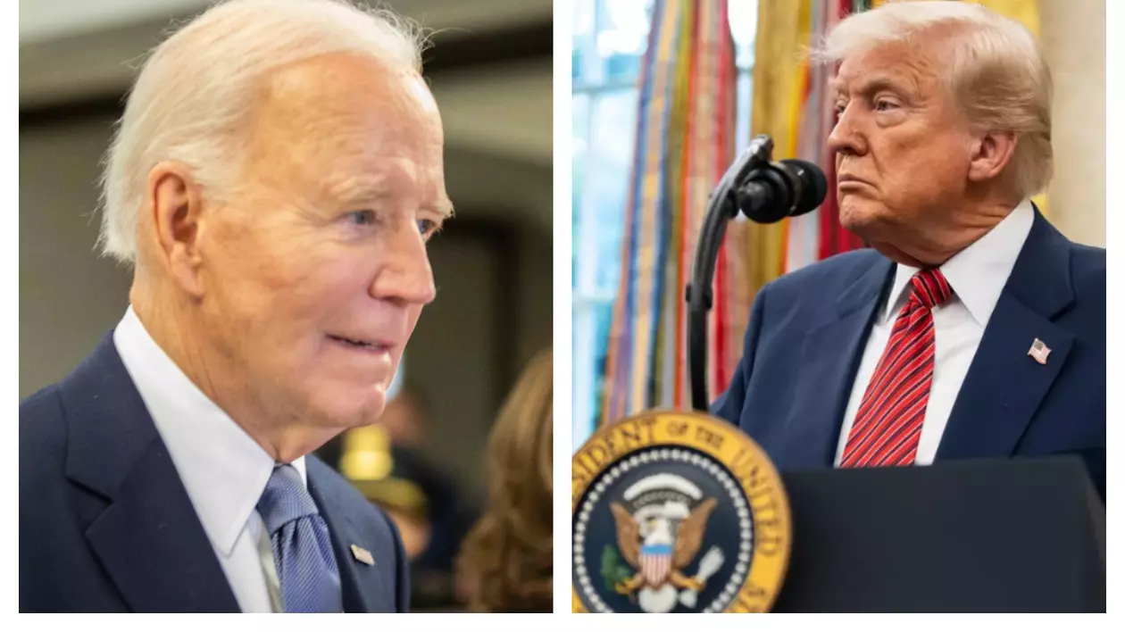 În partea stângă este Joe Biden, îmbrăcat în sacou albastru închis și cămașă albă, iar în partea dreaptă este Donald Trump, îmbrăcat în sacou albastru închis și cămașă albă. Acesta se află în fața unui microfon.