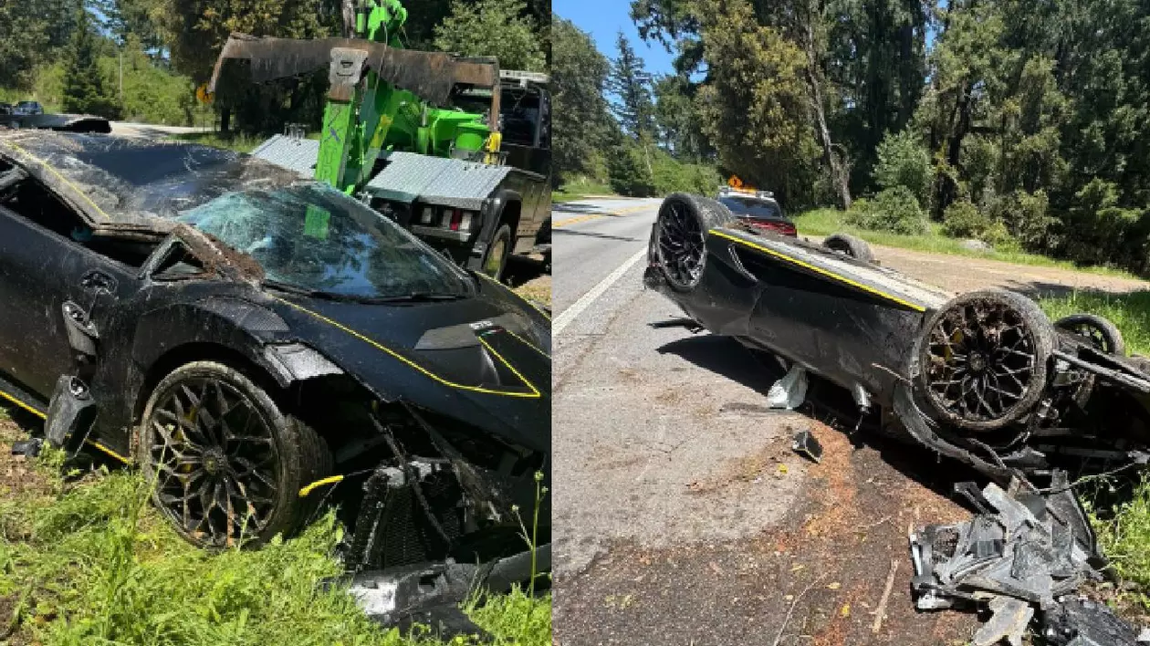 Și-a făcut praf limuzina Lamborghini de 300.000 de euro, după ce a derapat și aterizat pe plafon, în SUA: „Autostrada 9 nu este o pistă de curse”