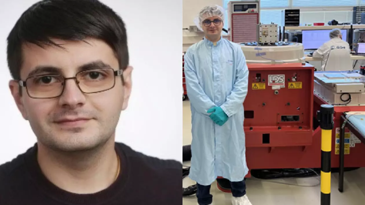 Inginerul român Laurențiu în camera curată de la ESTEC, pregătind testarea modelelor demonstrative de zbor cu bandă ultra-largă pe Lună