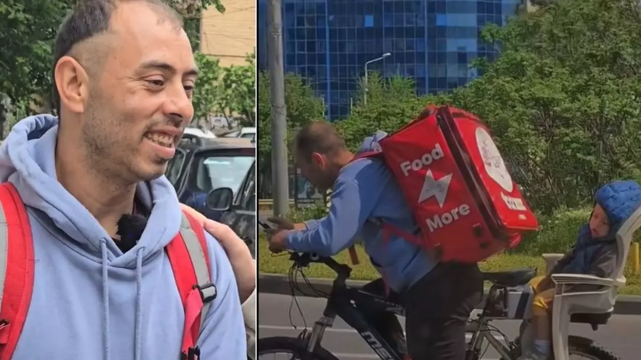 Livratorul pe bicicletă care lucra cu copilul adormit în spate a fost găsit și va fi ajutat să își îndeplinească un vis