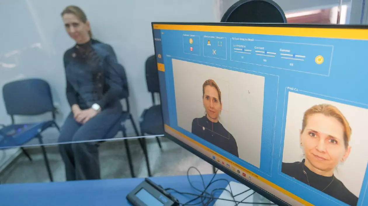 O femeie blonda, îmbrăcată în bleumarin, stă pe un scaun, pentru a i se face o fotografie pentru cartea de identitate electronica