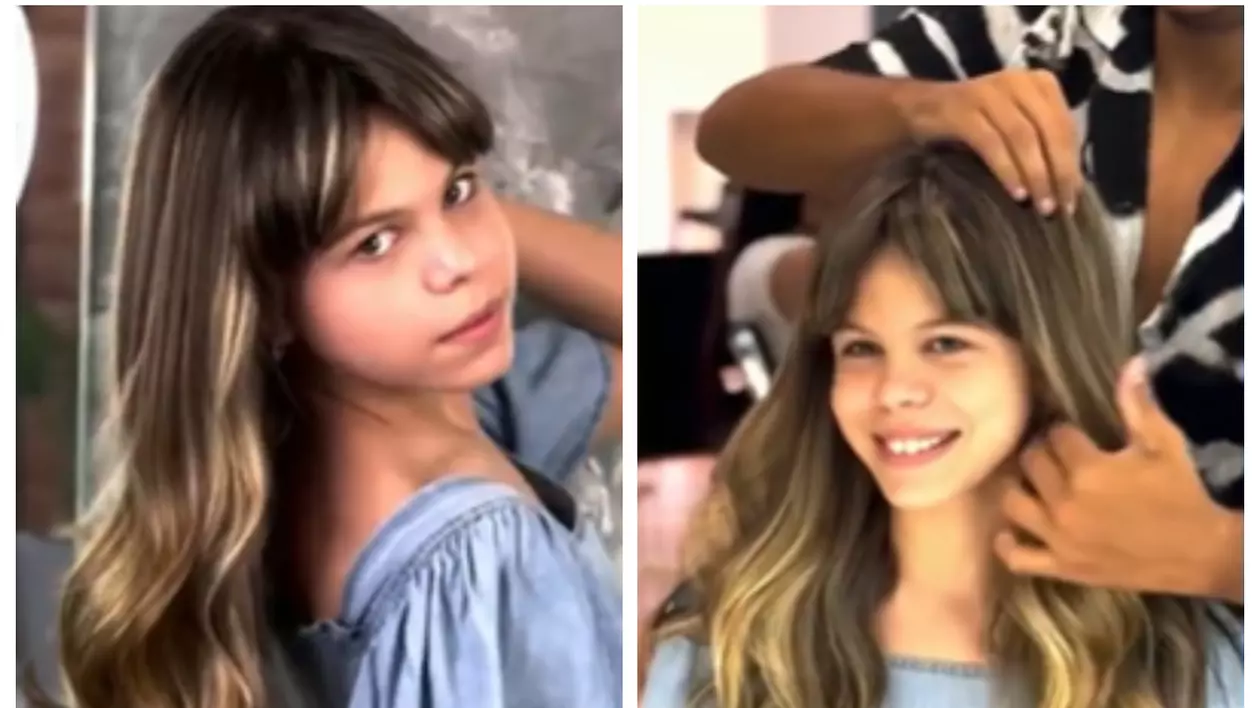 Fotografia este un colaj format din două imagini cu o fată care zâmbește, are părul lung, șaten deschis cu șuvițe blonde. În ambele cadre, fetița poartă o bluză albastră.