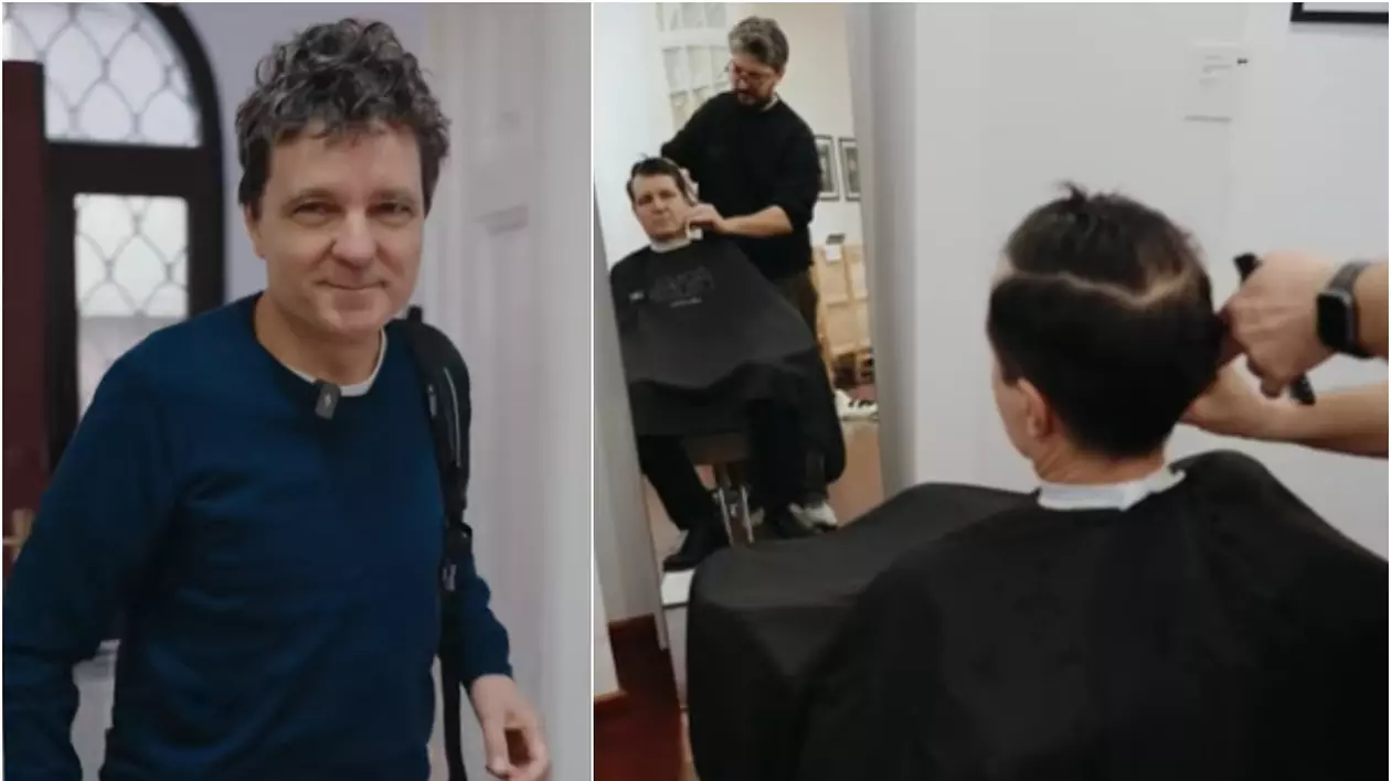 Nicușor Dan la frizerie (stânga), în timp ce este tuns (dreapta)