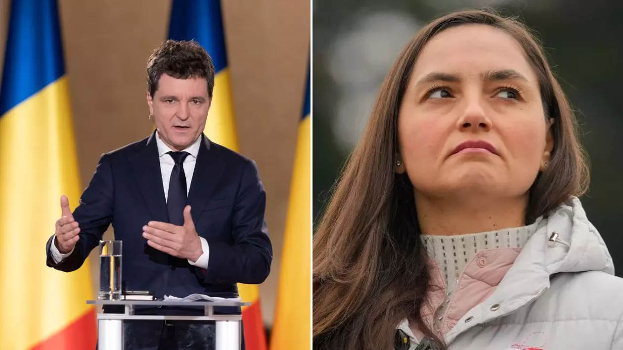colaj foto Nicușor dan (stânga) aflat la un pupitru și Anamaria Gavrilă (dreapta) cu fruntea ridicată în timp ce se încruntă