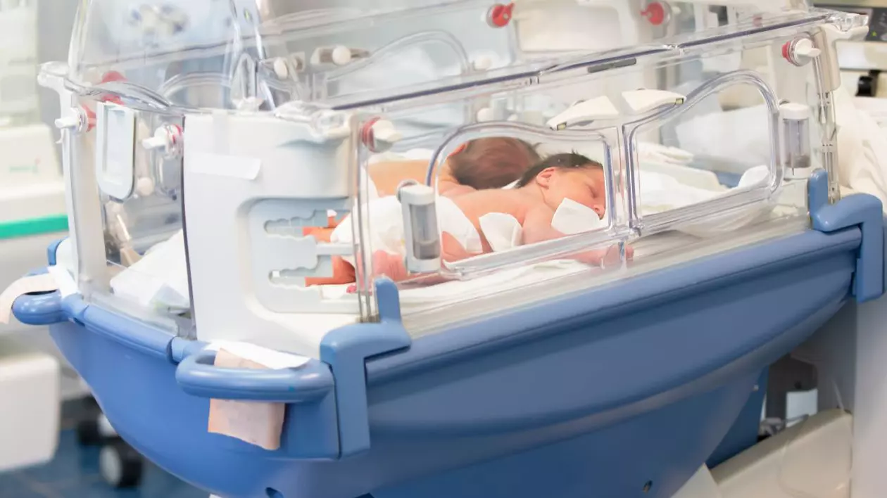 Doi bebelusi nou-născuți stau e burtică într0un incubator albastru in spital