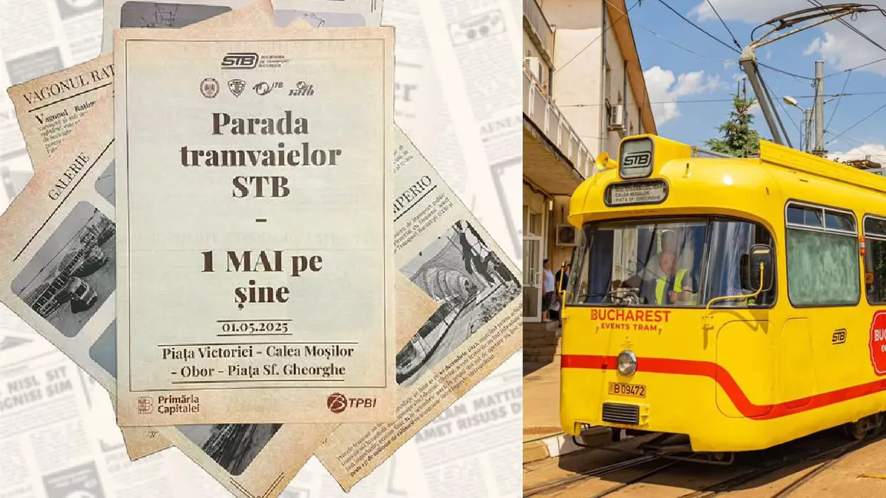 În dreapta, invitație tramvaie de epoca, în dreapta, un vagon de tramvai galben, de epoca