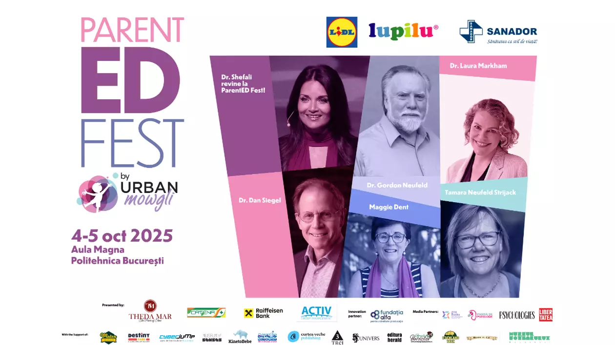 Afis eveniment - 4-5 oct 2025, Aula Magna, Politehnica Bucuresti. Speakeri: Dr. Shefali, Dr. Gordon Neufeld, Dr. Laura Markham, Dr. Dan Siegel, Maggie Dent, Tamara Strijack