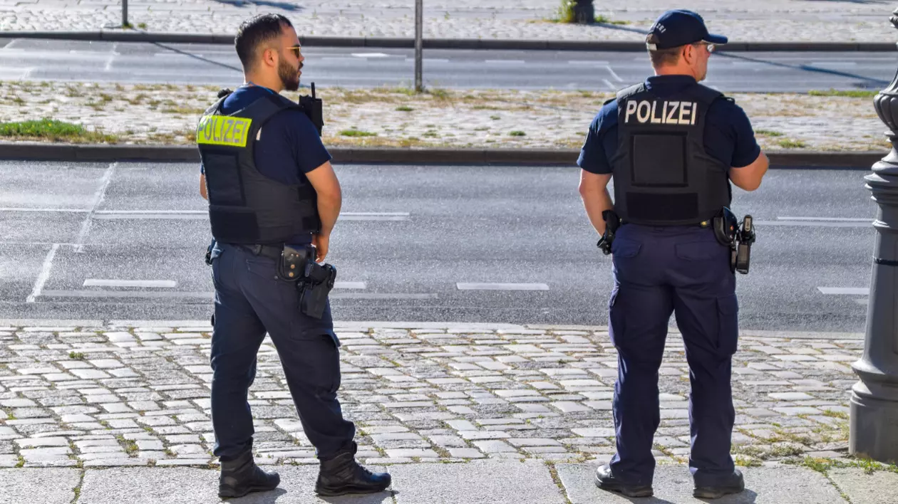 În imagine sunt ilustrați doi polițiști care se află pe un trotuar