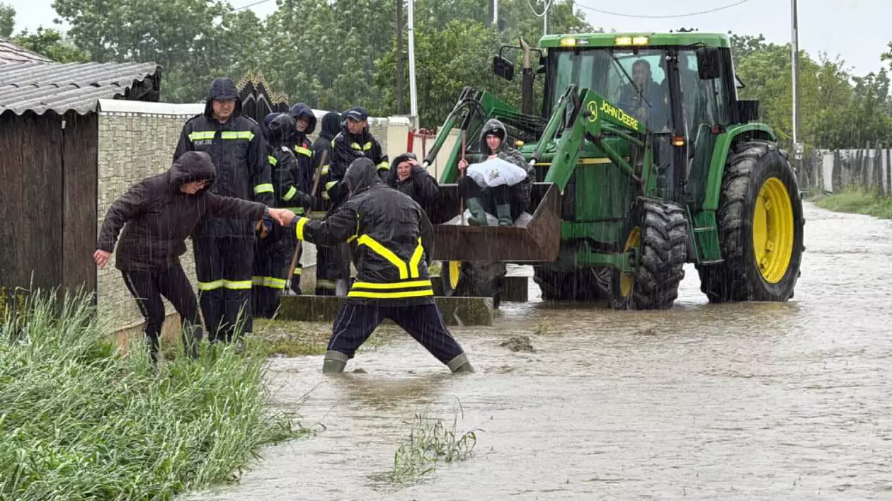 Pompierii militari în timp ce evacuează cu un tractor patru locuitori din Botoșani, în timpul inundațiilor