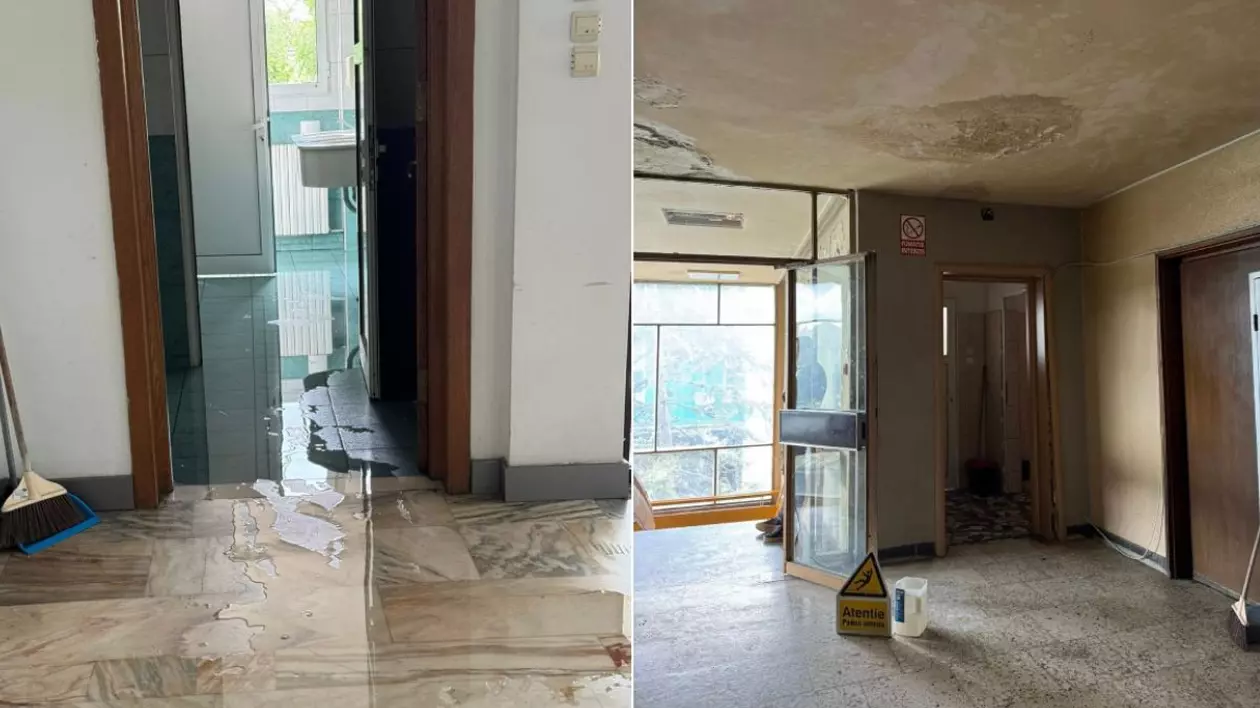 Colaj imagini cu interiorul unei cladiri, in stanga o baie inundată cu apă, in dreapta un hol cu mecegai pe tavan