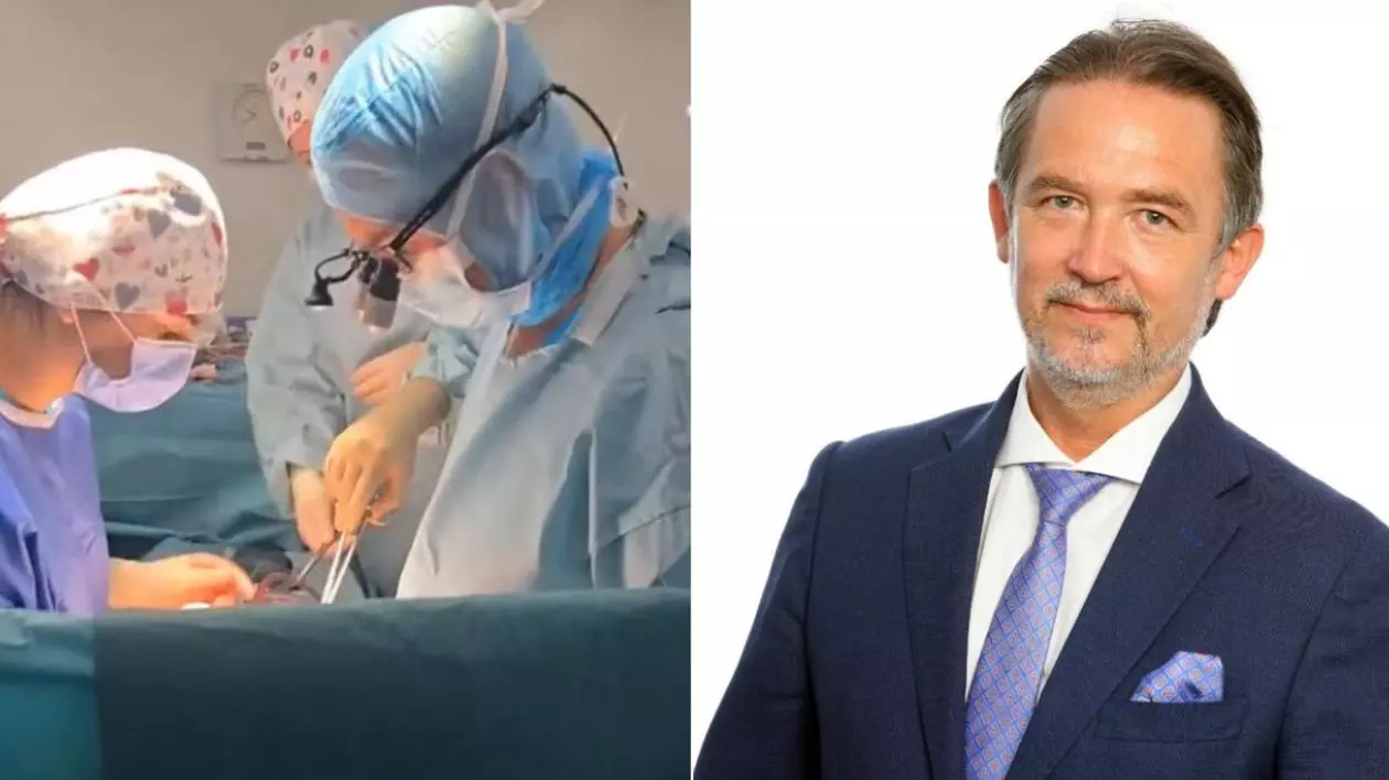 Colaj medici in sala de operație si dr Horațiu Suciu, in sacou inchis la culoare si camasa alba