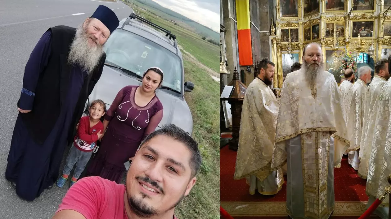 Un preot, în haine negre, fotografiat în fața unei mașini alături de o familie de rromi, formată din mama, tata și copil, în dreapta, preotul în interiorul unei bisericii, îmbrăcat în haine bej/aurii