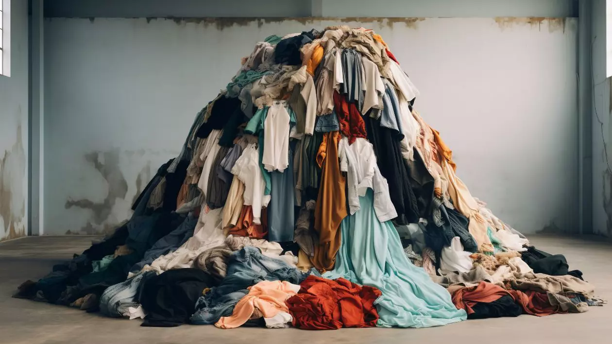 grămadă de haine/ deșeuri textile, așezate în mijlocul unei camere de beton