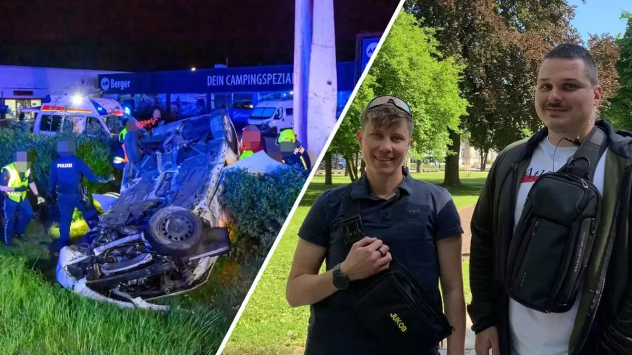 O mașină răsturnată după un accident rutier, pe iarbă, seara, poliția este la fața locului, iar în partea dreapta sunt doi ofițeri care ajută adolescenții cu sfaturi