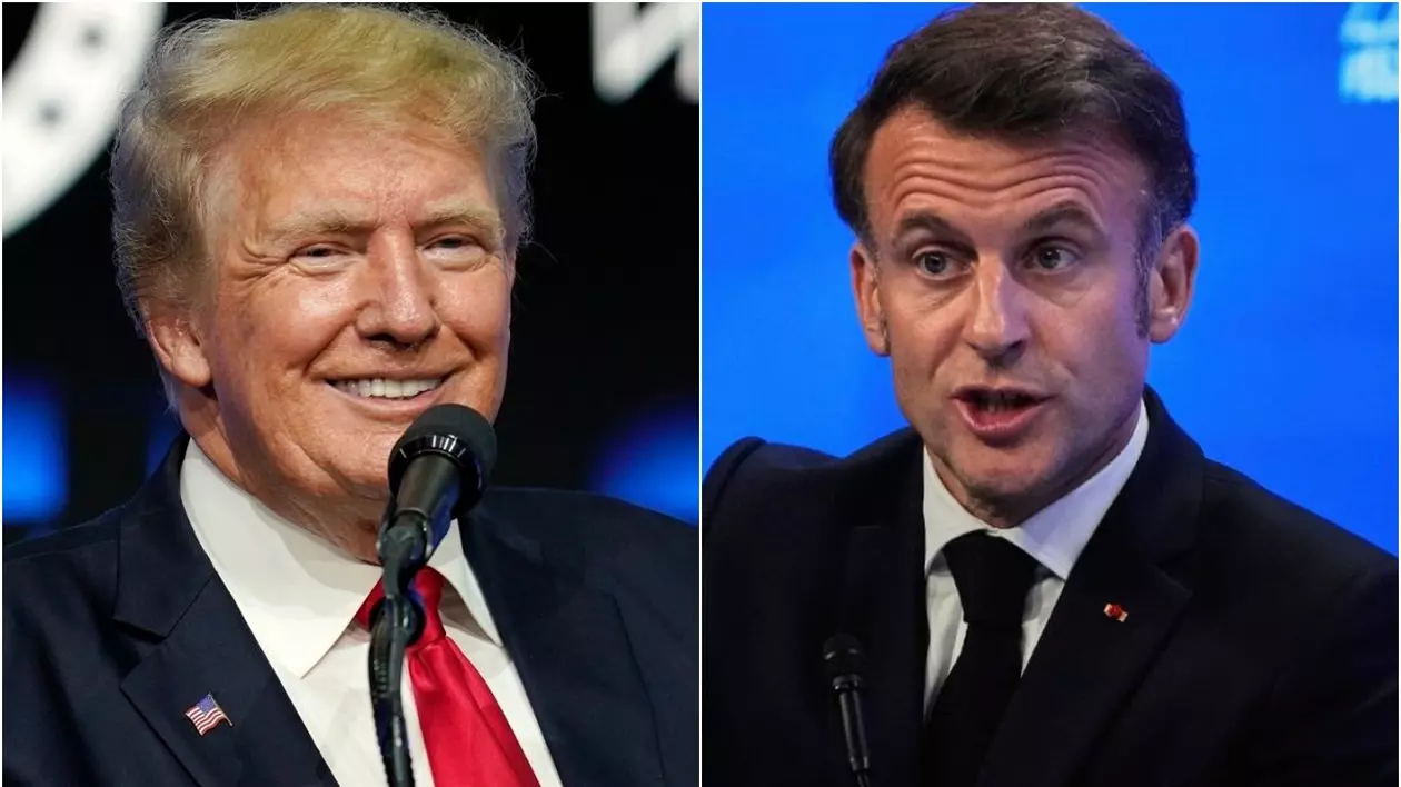 Colaj Donald Trump, in stanga, surprins in timp ce zambeste, și Emmanuel Macron, in dreapta, surprins in timp ce vorbeste