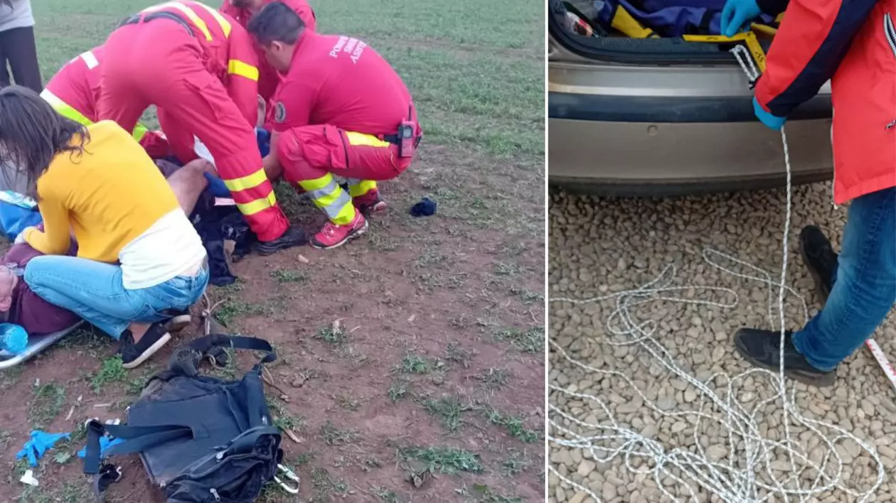 Un bărbat din Brașov s-a prăbușit de la 6 metri înălțime după ce a încercat să zboare cu parapanta, legat de propria mașină