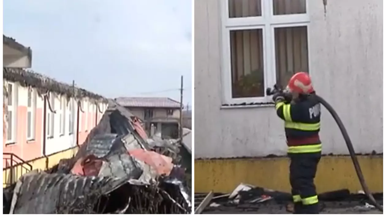 În stânga se vede un acoperiș ars și prăbușit între două clădiri, în urma unui incendiu, iar în dreapta, un pompier acționează cu un furtun de apă asupra unei clădiri afectate.