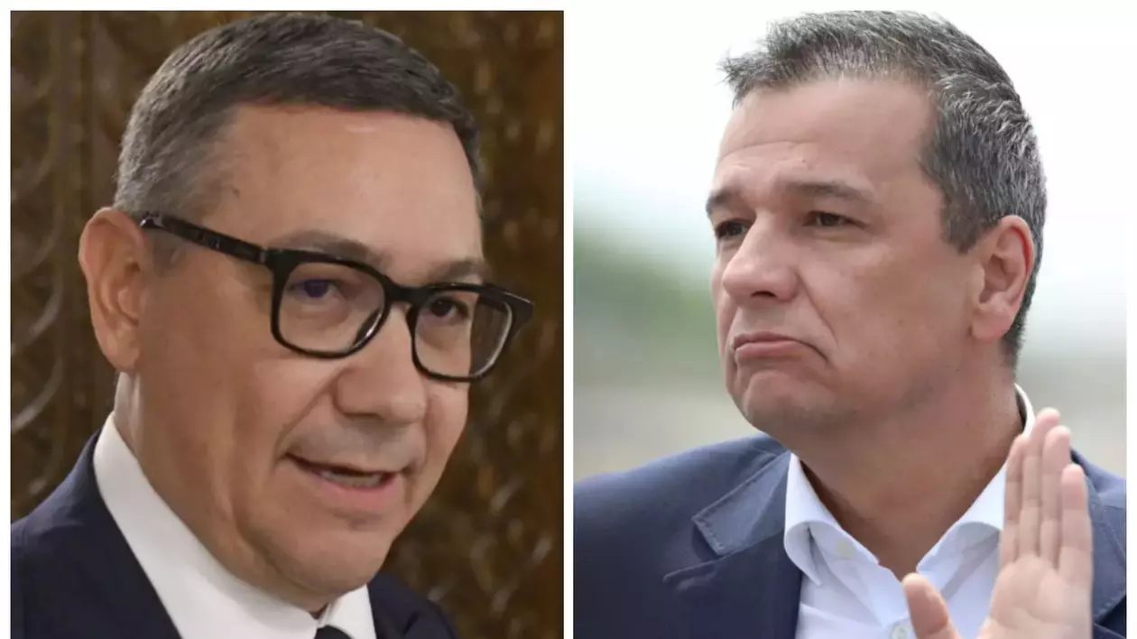 În imagine este ilustrat Victor Ponta, în partea stângă, în costum negru și cămașă albă, iar în dreapta este Sorin Grindeanu, în costum gri și cămașă albă