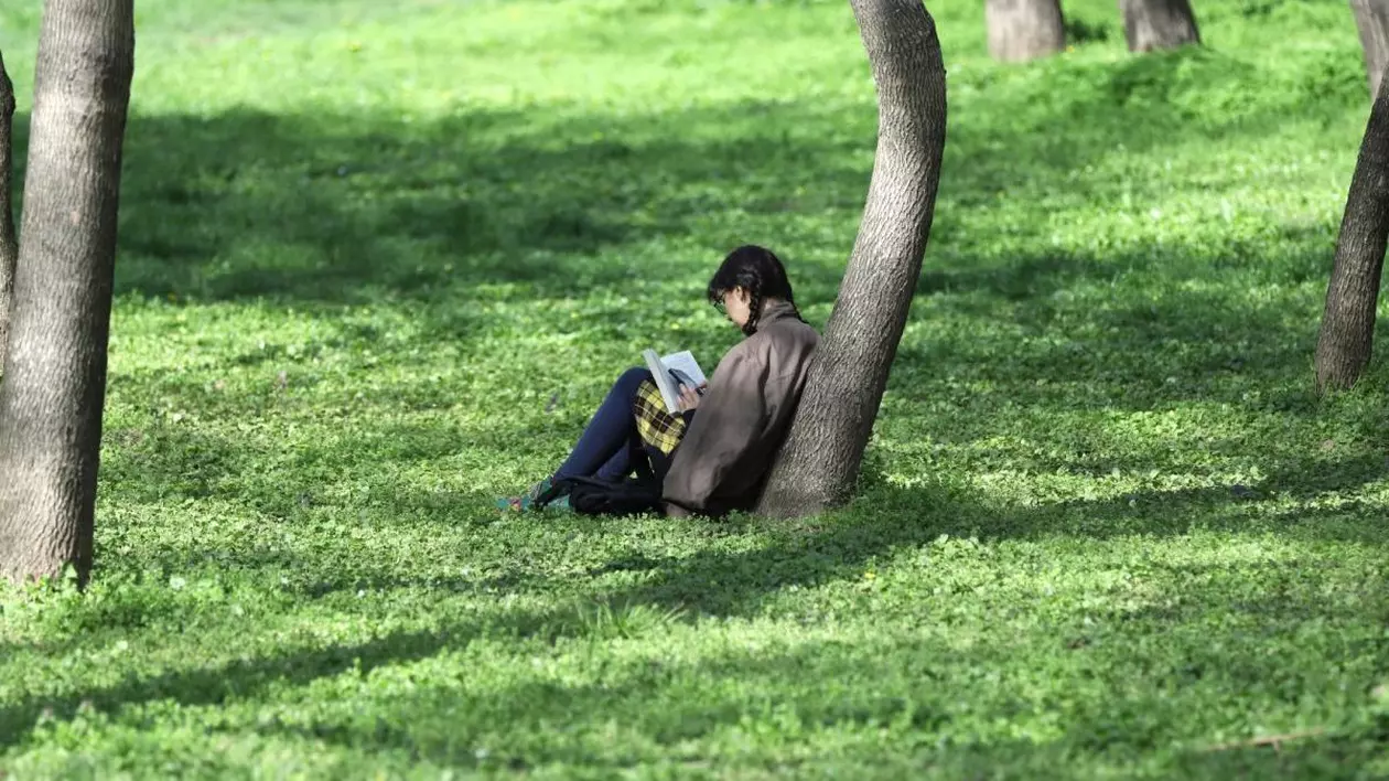 O fată cu o haină pe umeri stă jos pe iarbă, sprijinită de un copac și citește o carte, în parcul Cișmigiu, București, 22 aprilie 2025