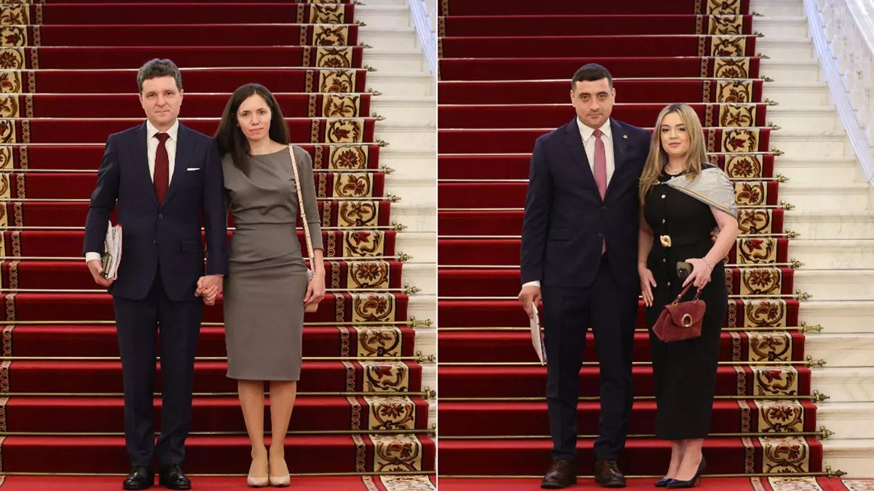 Colaj foto cu Nicușor Dan și partenera sa de viață, în partea stângă, și George Simion și soția sa, Ilinca, în partea dreaptă