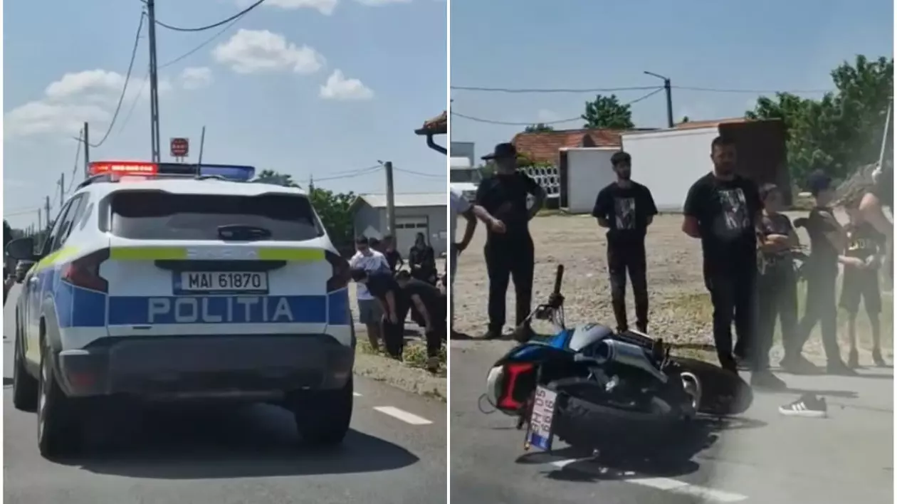 Accidente în lanț la Oradea - mașină de poliție și motocicletă pe asfalt