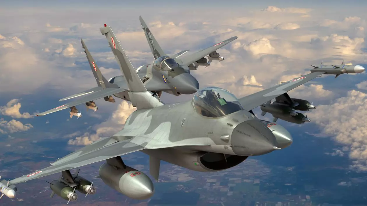 In imagine doua avioane militare in zbor, Lockheed Martin F-16 al Forțelor Aeriene Poloneze într-un zbor comun cu Mig-29