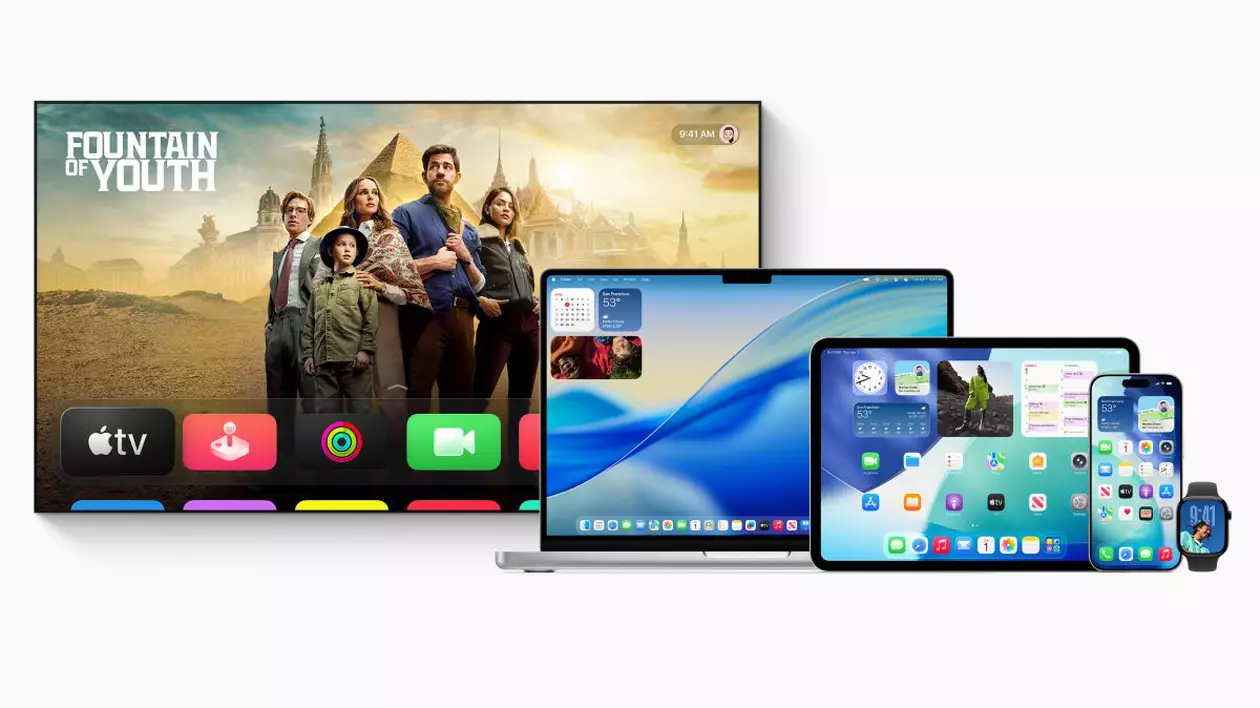 Apple Tv, MacBook, iPad, iPhone și Apple Watch, toate așezate unul lângă celălalt pe un fundal alb.